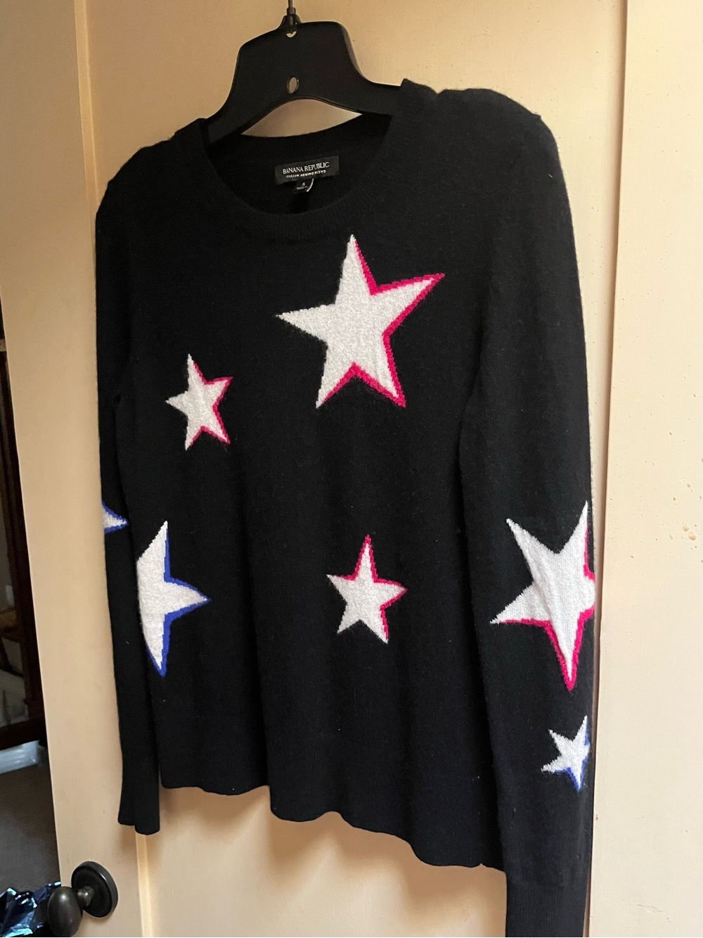 Banana Republic Black Crewneck Sweater with White Stars and Pink & Blue Accents